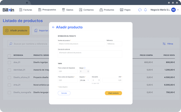 gestion-productos-servicios-pantalla hacer presupuestos